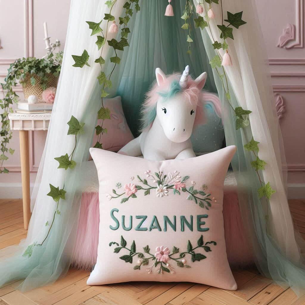 Chambre de bébé fille avec prénom Suzanne sur coussin brodé, ciel de lit vert d'eau et rose poudre, thème contes, lierre, peluche licorne.