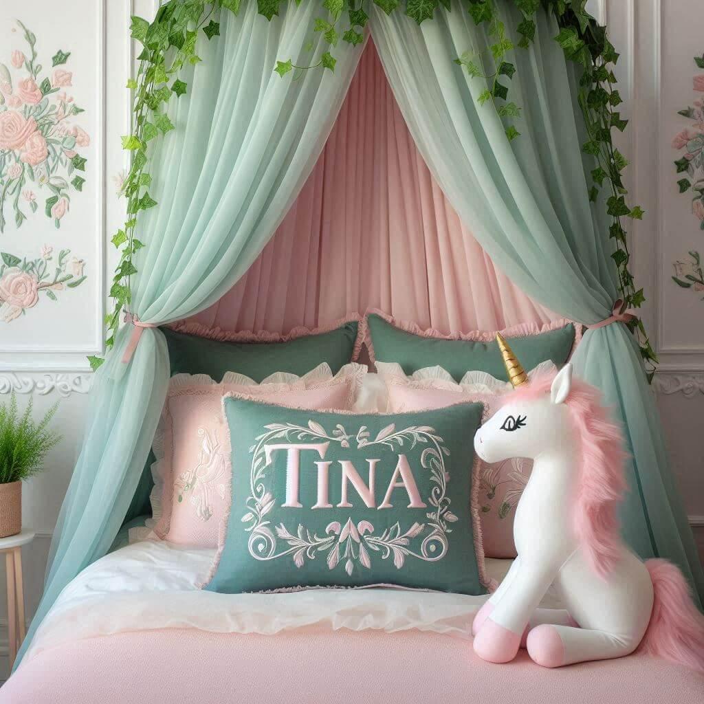 Une belle chambre de bebe fille avec le prenom tina sur le theme des contes et legendes avec un ciel de lit vert d eau et rose poudre du lierre une peluche licorne le prenom tina e