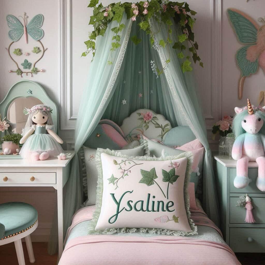 Une belle chambre de bebe fille avec le prenom ysaline sur le theme des contes et legendes avec un ciel de lit vert d eau et rose pale du lierre une peluche fee une peluche licorne