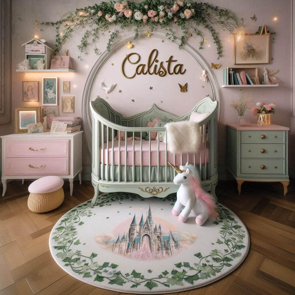 Une belle chambre de bebe fille sur le theme des contes et legendes berceau pour bebe avec un ciel de lit vert d eau et rose pale du lierre une peluche licorne le prenom calista es