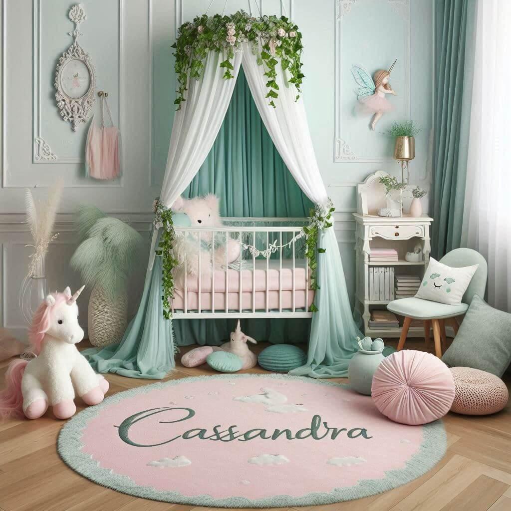 Une belle chambre de bebe fille sur le theme des contes et legendes berceau pour bebe avec un ciel de lit vert d eau et rose pale du lierre une peluche licorne le prenom cassandra