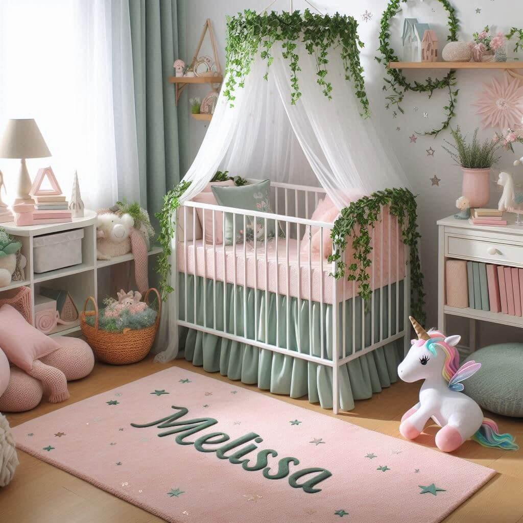 Une belle chambre de bebe fille sur le theme des contes et legendes berceau pour bebe avec un ciel de lit vert d eau et rose pale du lierre, prenom melissa