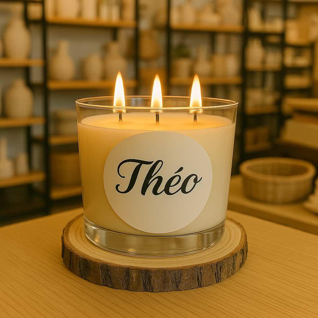 Une bougie personnalisee a 3 meches avec le prenom theo sur une etiquette la bougie est posee sur un rondin de bois dans un magasin de decoration