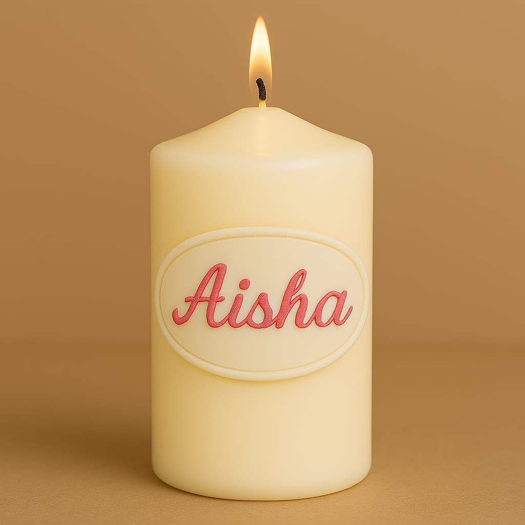 Une bougie personnalisee avec le prenom aisha ecrit sur une etiquette en italique