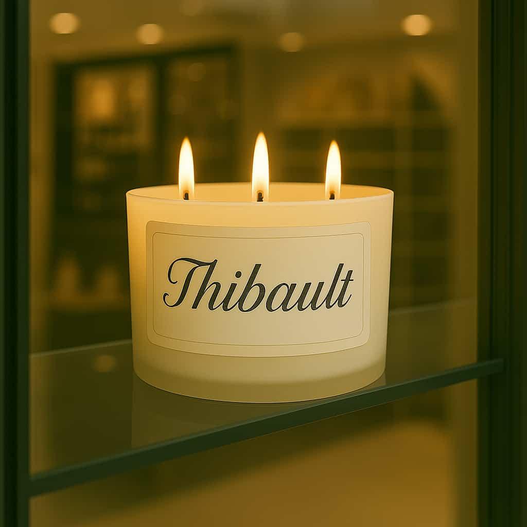 Une bougie personnalisee avec le prenom thibault dans une vitrine de magasin couleurs naturelles