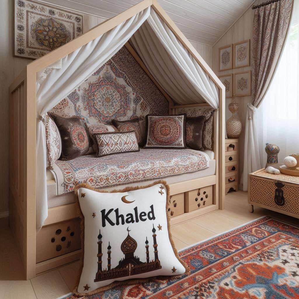 Une chambre d enfant avec le prenom khaled brode sur le coussin sur le theme oriental