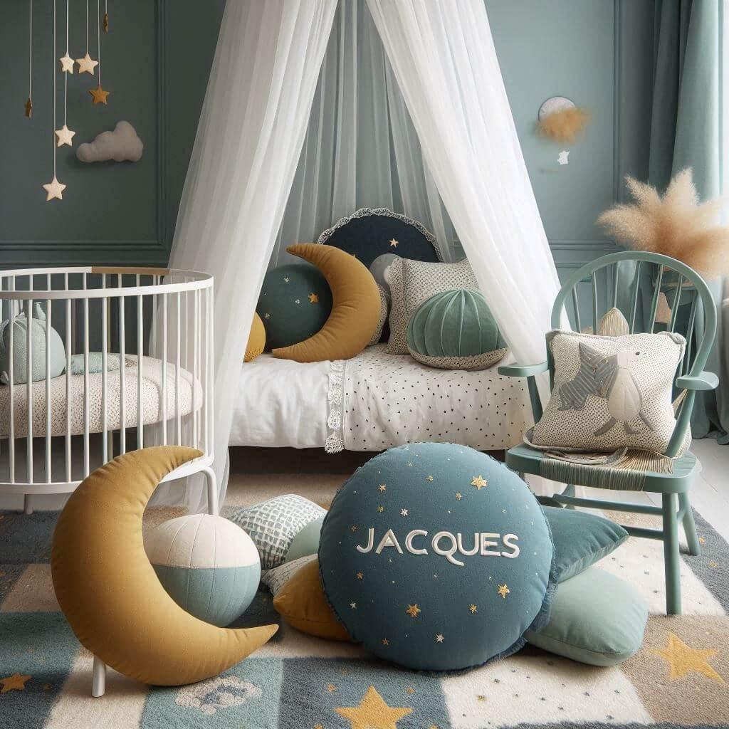 Une chambre d enfant avec un berceau des coussins en forme de lune et d etoiles un tapis moelleux avec des teintes douces comme le vert d eau le bleu nuit et le moutarde ciel de li