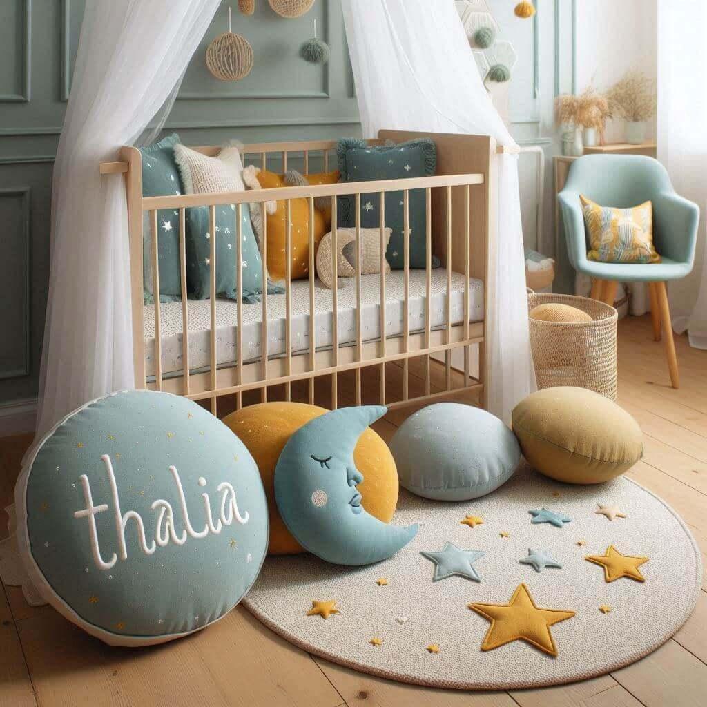 Une chambre d enfant avec un berceau des coussins en forme de lune et d etoiles un tapis moelleux avec des teintes douces comme le vert d eau prenom thalia
