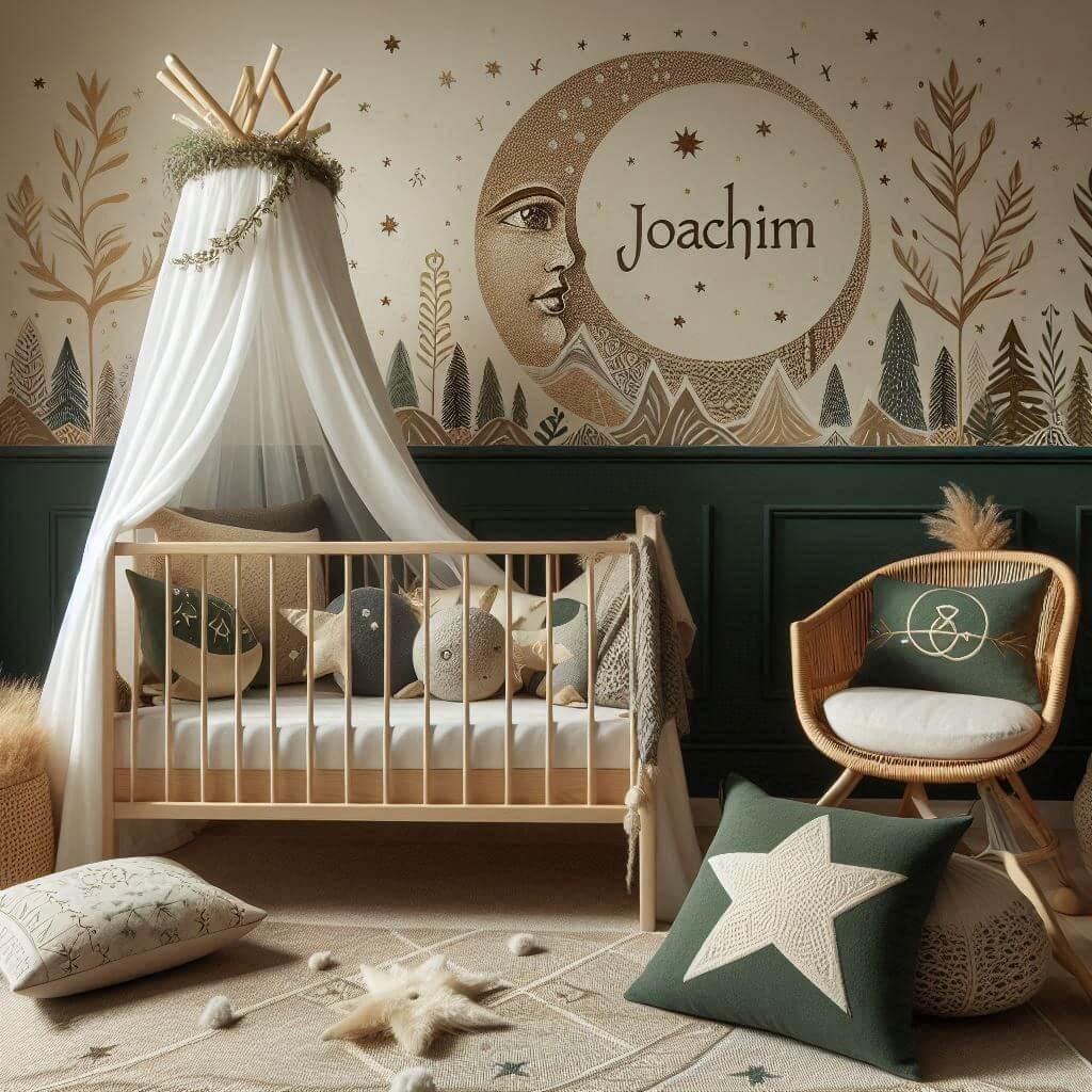 Une chambre d enfant avec un berceau des coussins en forme de lune et d etoiles un tapis moelleux theme des forets et de la nature mur peint en beige celtique palette de couleurs v