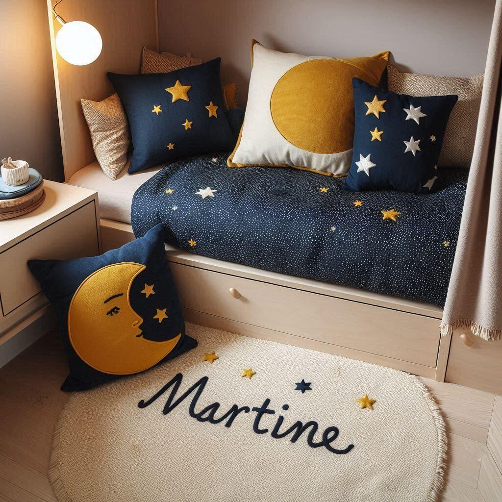 Une chambre d enfant avec un lit cabane des coussins en forme de lune et d etoiles un tapis moelleux avec des teintes comme le bleu marin et le moutarde et le prenom martine ecrit
