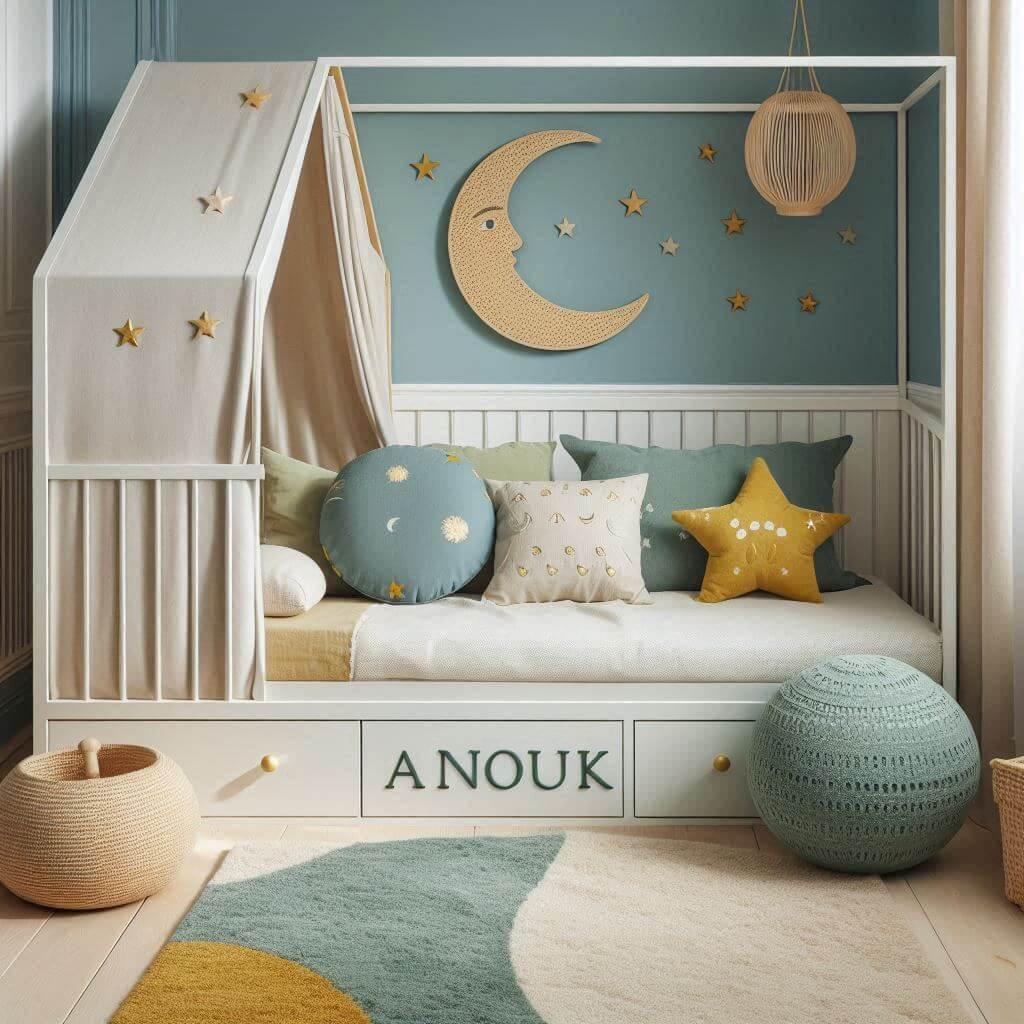 chambre enfant vintage, prenom anouk, couleurs vert d eau, bleu pale, et moutarde