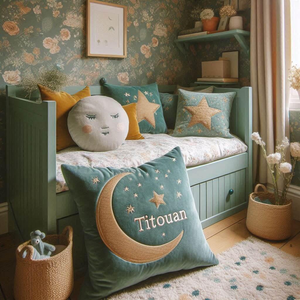 Une chambre d enfant avec un lit cabane des coussins en forme de lune et d etoiles un tapis moelleux avec des teintes douces comme le vert d eau le bleu pale et le moutarde et le p