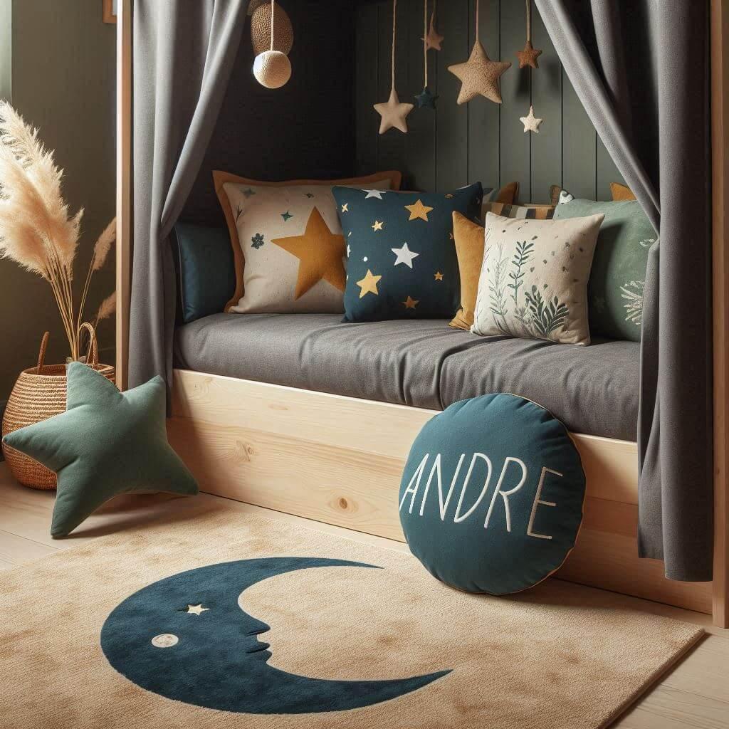 Une chambre d enfant avec un lit cabane des coussins en forme de lune et d etoiles un tapis moelleux avec des teintes douces comme le vert fonce le bleu et le moutarde et le prenom