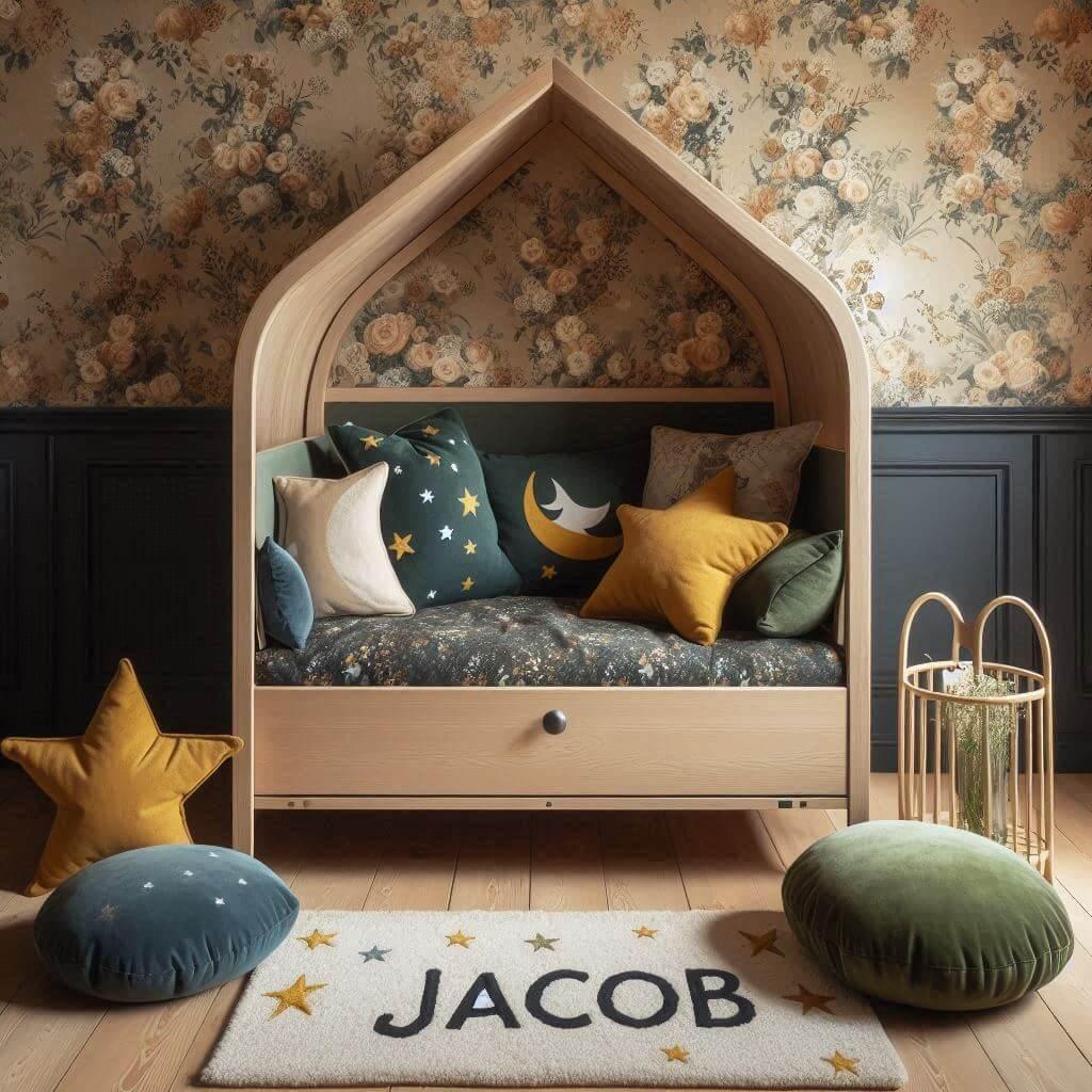 Une chambre d enfant avec un lit cabane des coussins en forme de lune et d etoiles un tapis moelleux avec des teintes douces comme le vert fonce le bleu et le moutarde et le prenom