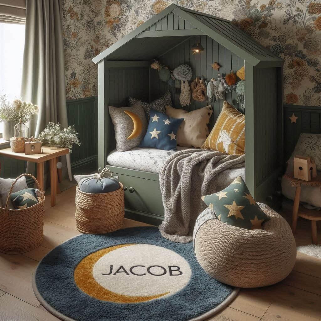 Une chambre d enfant avec un lit cabane des coussins en forme de lune et d etoiles un tapis moelleux avec des teintes douces comme le vert fonce le bleu et le moutarde et le prenom