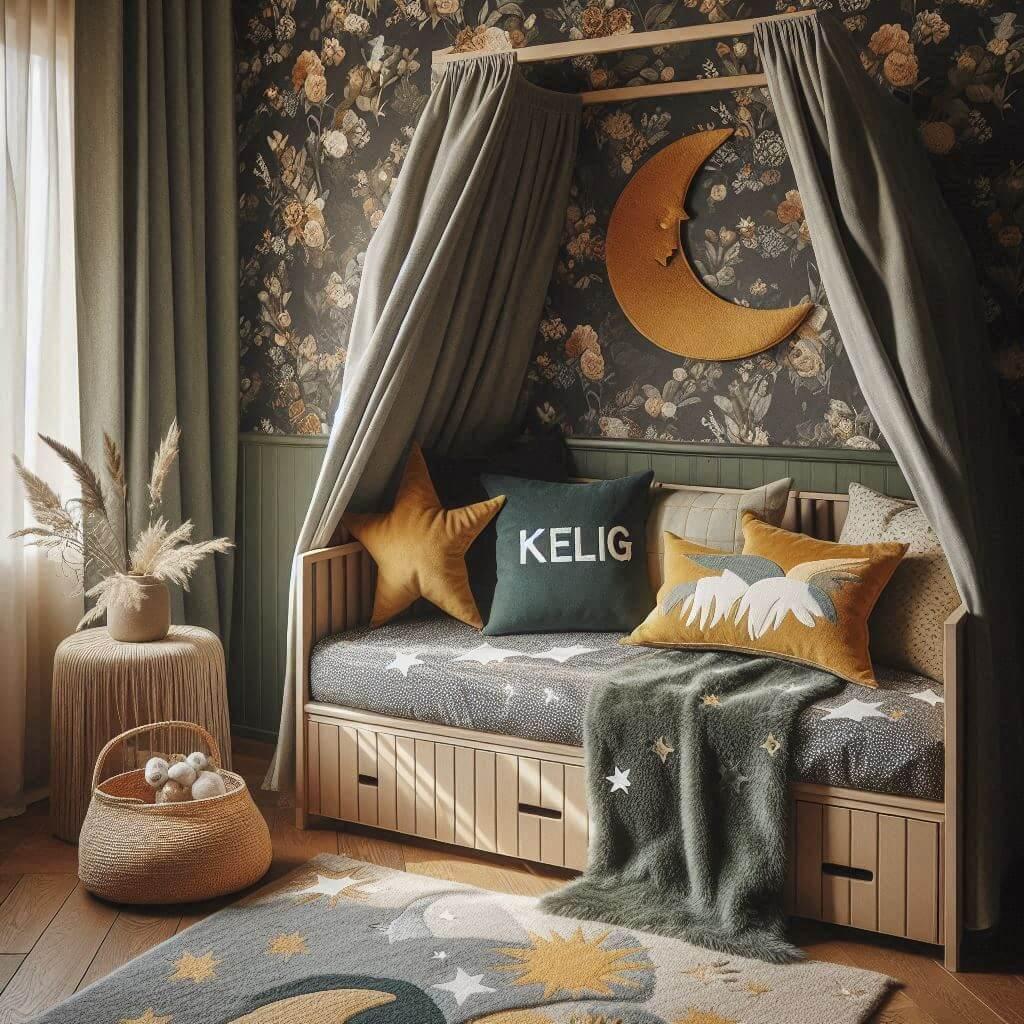 Une chambre d enfant avec un lit cabane des coussins en forme de lune et d etoiles un tapis moelleux avec des teintes douces comme le vert fonce le bleu et le moutarde et le prenom