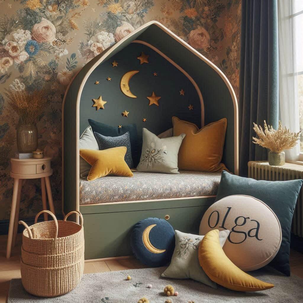 Une chambre d enfant avec un lit cabane des coussins en forme de lune et d etoiles un tapis moelleux avec des teintes douces comme le vert fonce le bleu et le moutarde et le prenom
