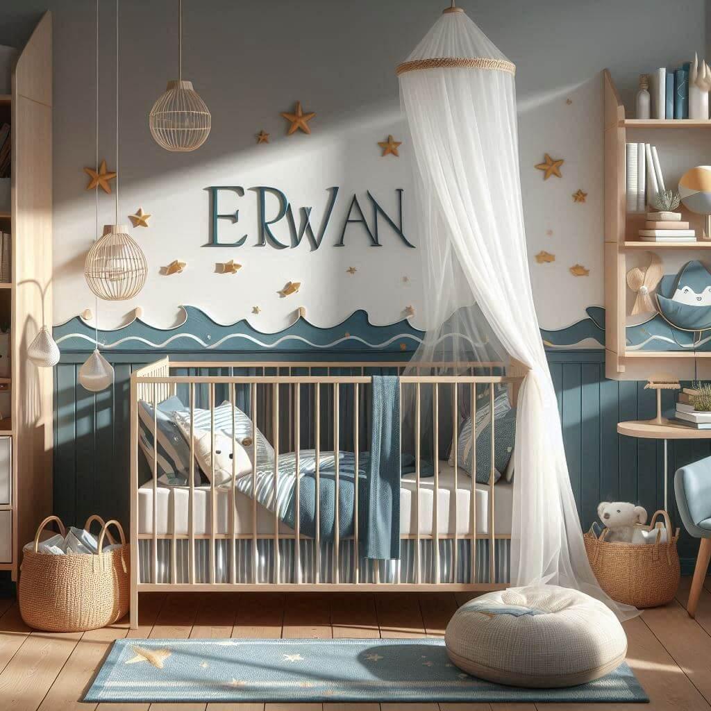 Une chambre d enfant sur le theme de la mer avec le prenom erwan lit berceau ciel de lit livres chambre epuree ombre sur le mur prenom erwan 1