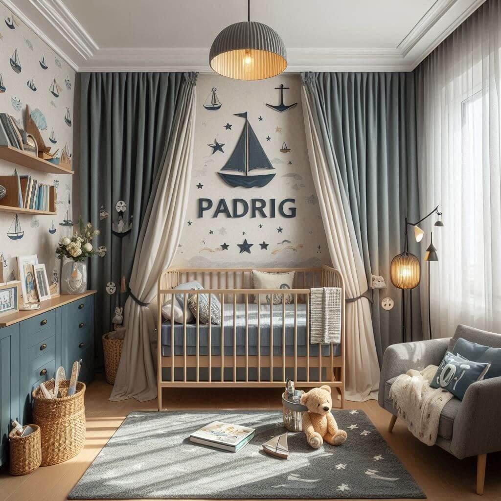 Chambre d’enfant sur le thème de la mer avec le prénom Padrig, lit berceau, ciel de lit, rideaux bateau et décoration épurée