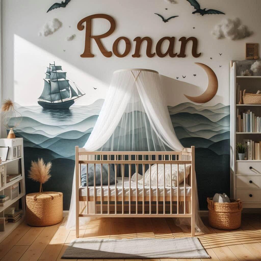 Chambre d'enfant sur le thème de la mer avec le prénom Ronan, lit berceau, ciel de lit, livres, chambre épurée, ombre sur le mur, prénom Ronan