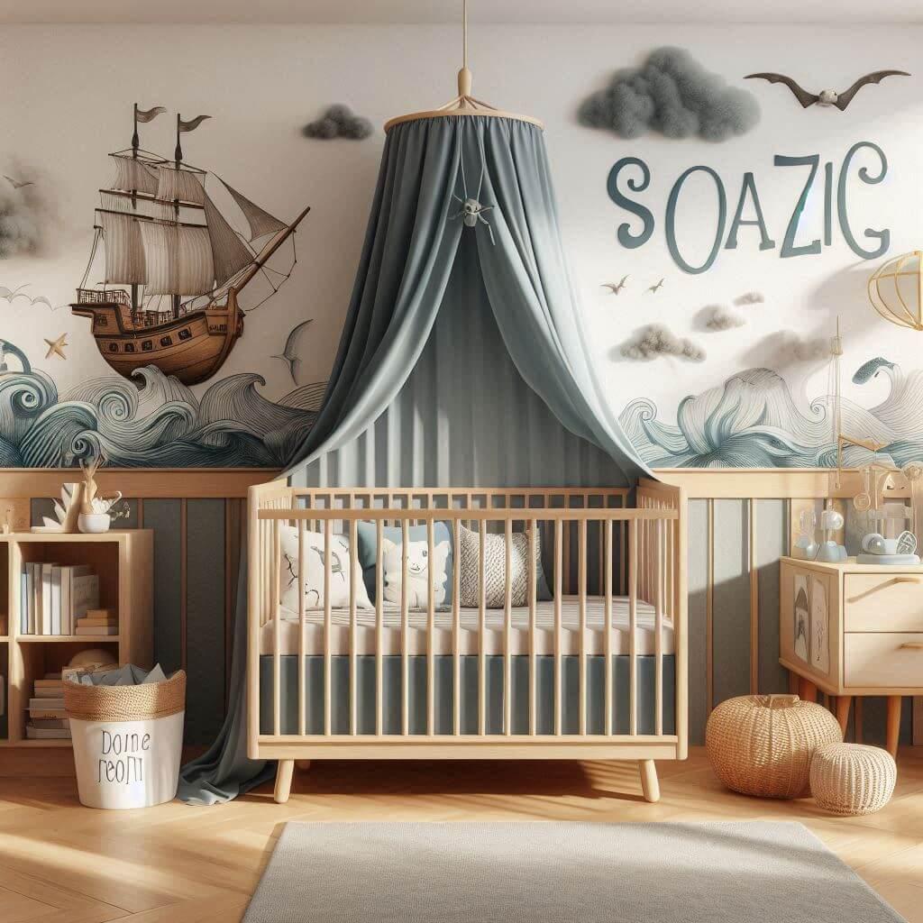 Une chambre d enfant sur le theme de la mer avec le prenom soazic lit berceau ciel de lit livres chambre epuree ombre sur le mur prenom soazic