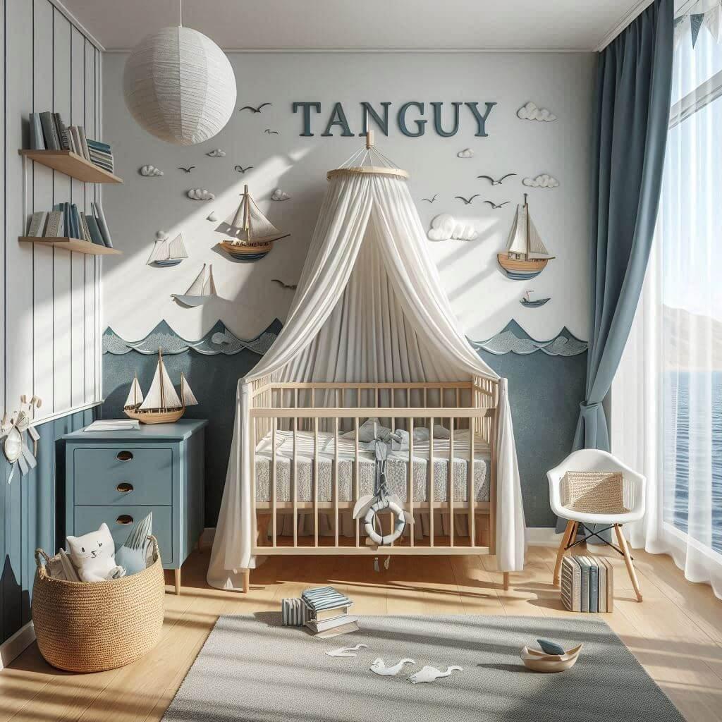 Chambre d'enfant sur le thème de la mer avec le prénom Tanguy, lit berceau, ciel de lit, livres, rideaux bateau et ambiance épurée, créant une atmosphère douce et marine.