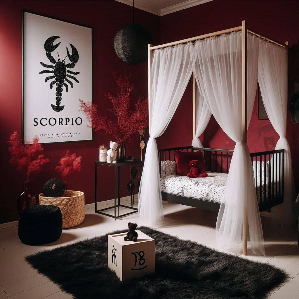 Une chambre de bebe avec un lit a baldaquin en voilage blanc le mur rouge avec des touches de prune et de noir cree une ambiance cosy une affiche du scorpion ecrite en francais et