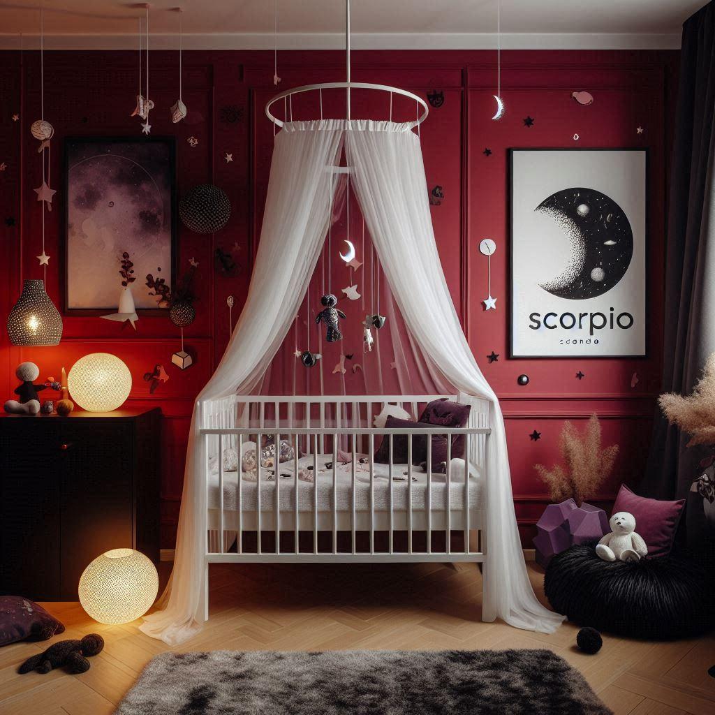 Une chambre de bebe theme signe astro scorpion avec un lit a baldaquin en voilage blanc le mur rouge avec des touches de prune et de noir