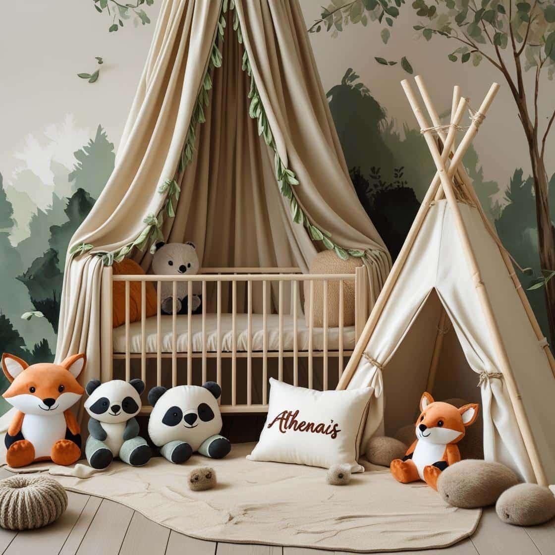 Une chambre de bebe doux et naturel berceau ciel de lit inspire par la foret avec des coussins en forme de petits animaux de la foret comme des renards et loups koala panda personn