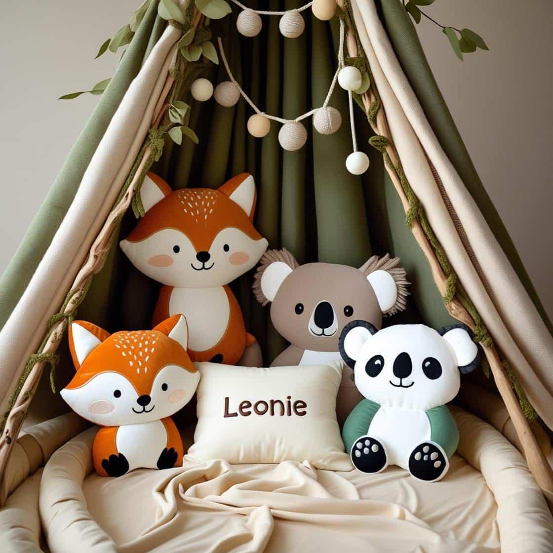 Une chambre de bebe doux et naturel berceau ciel de lit inspire par la foret avec des coussins en forme de petits animaux de la foret comme des renards et loups koala panda personn