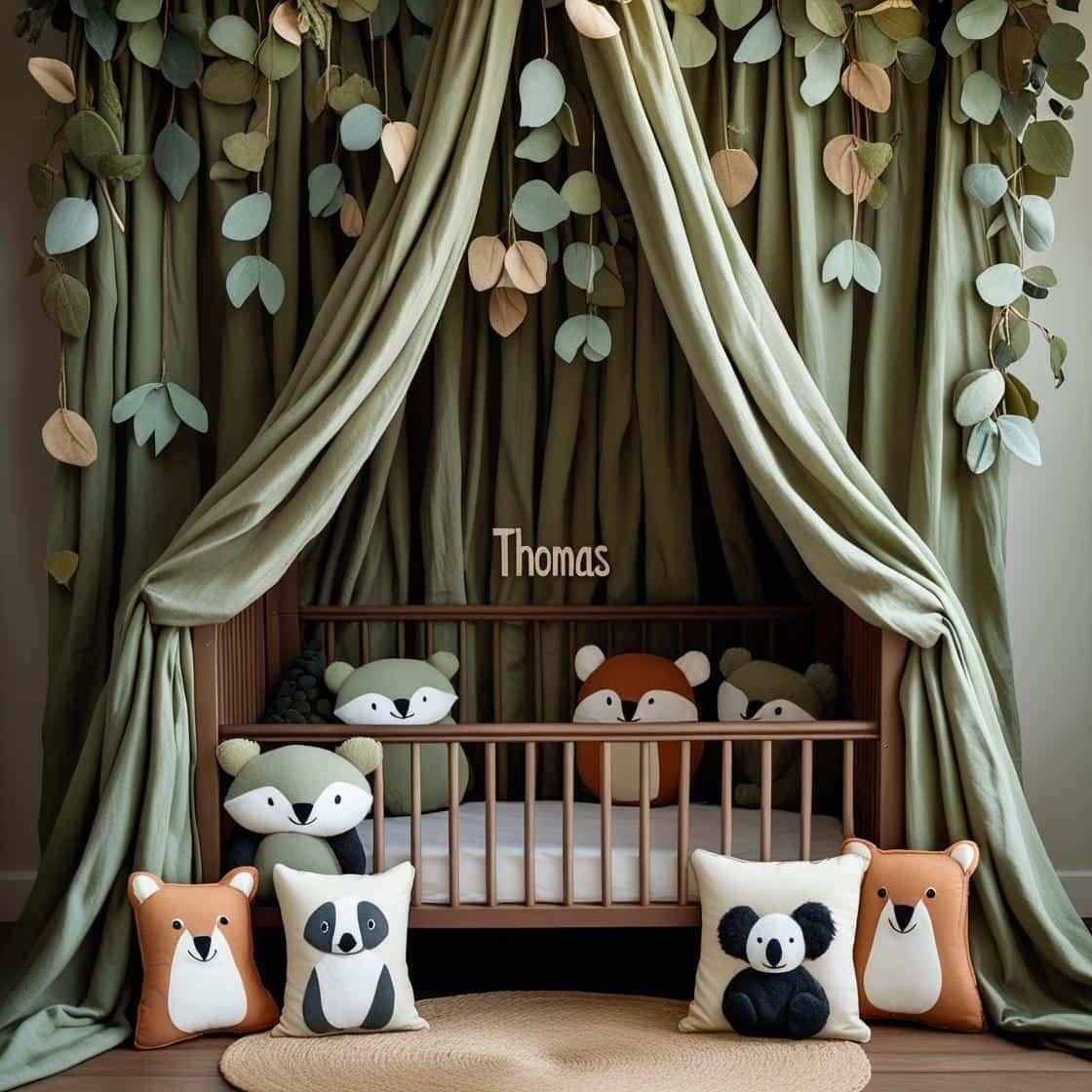 Une chambre de bebe doux et naturel berceau ciel de lit inspire par la foret avec des coussins en forme de petits animaux de la foret comme des renards et loups koala panda personn