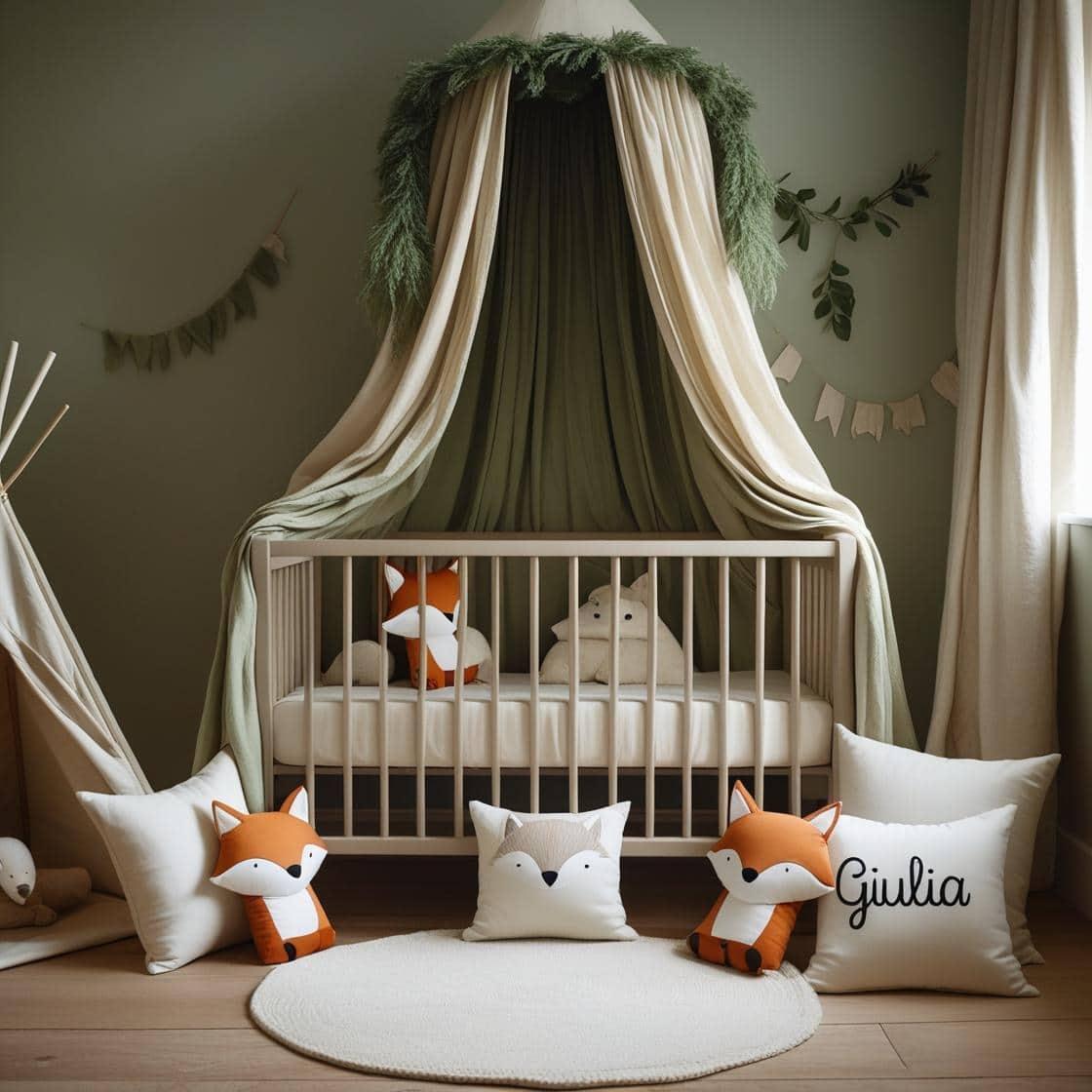 Une chambre de bebe doux et naturel berceau ciel de lit inspire par la foret avec des coussins en forme de petits animaux de la foret comme des renards et loups personnalise avec l