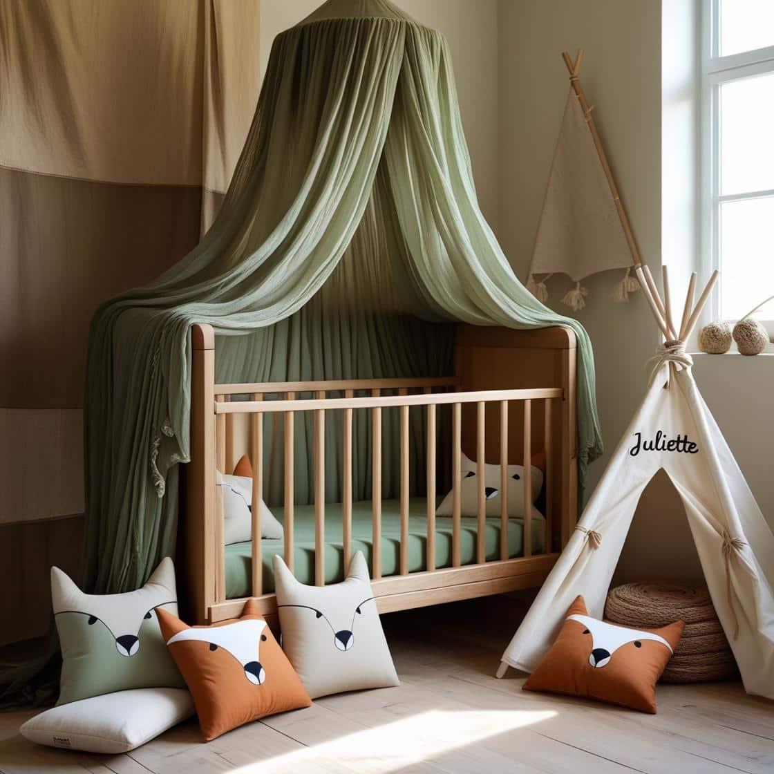 Une chambre de bebe doux et naturel berceau ciel de lit inspire par la foret avec des coussins en forme de petits animaux de la foret comme des renards et loups personnalise avec l