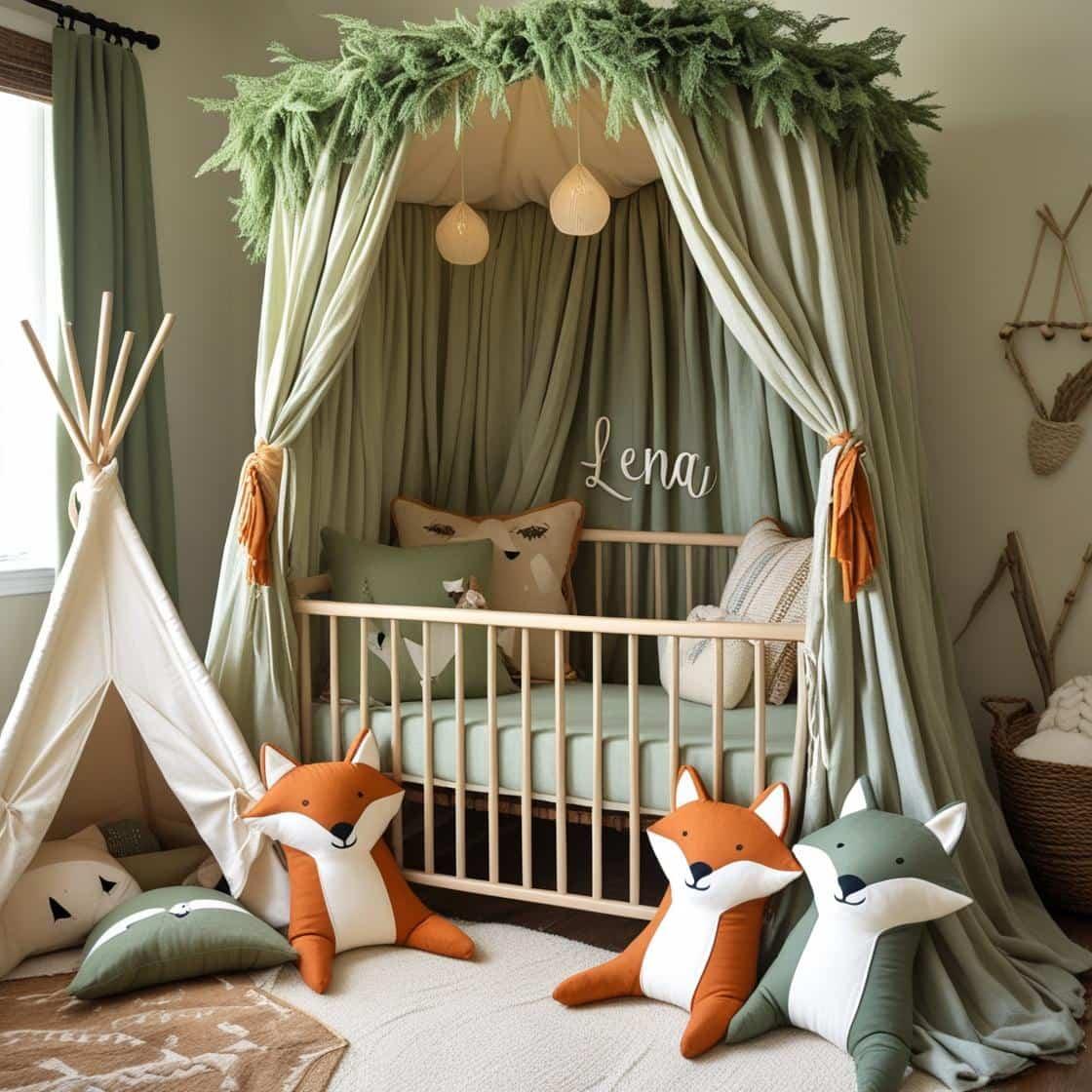 Une chambre de bebe doux et naturel berceau ciel de lit inspire par la foret avec des coussins en forme de petits animaux de la foret comme des renards et loups personnalise avec l