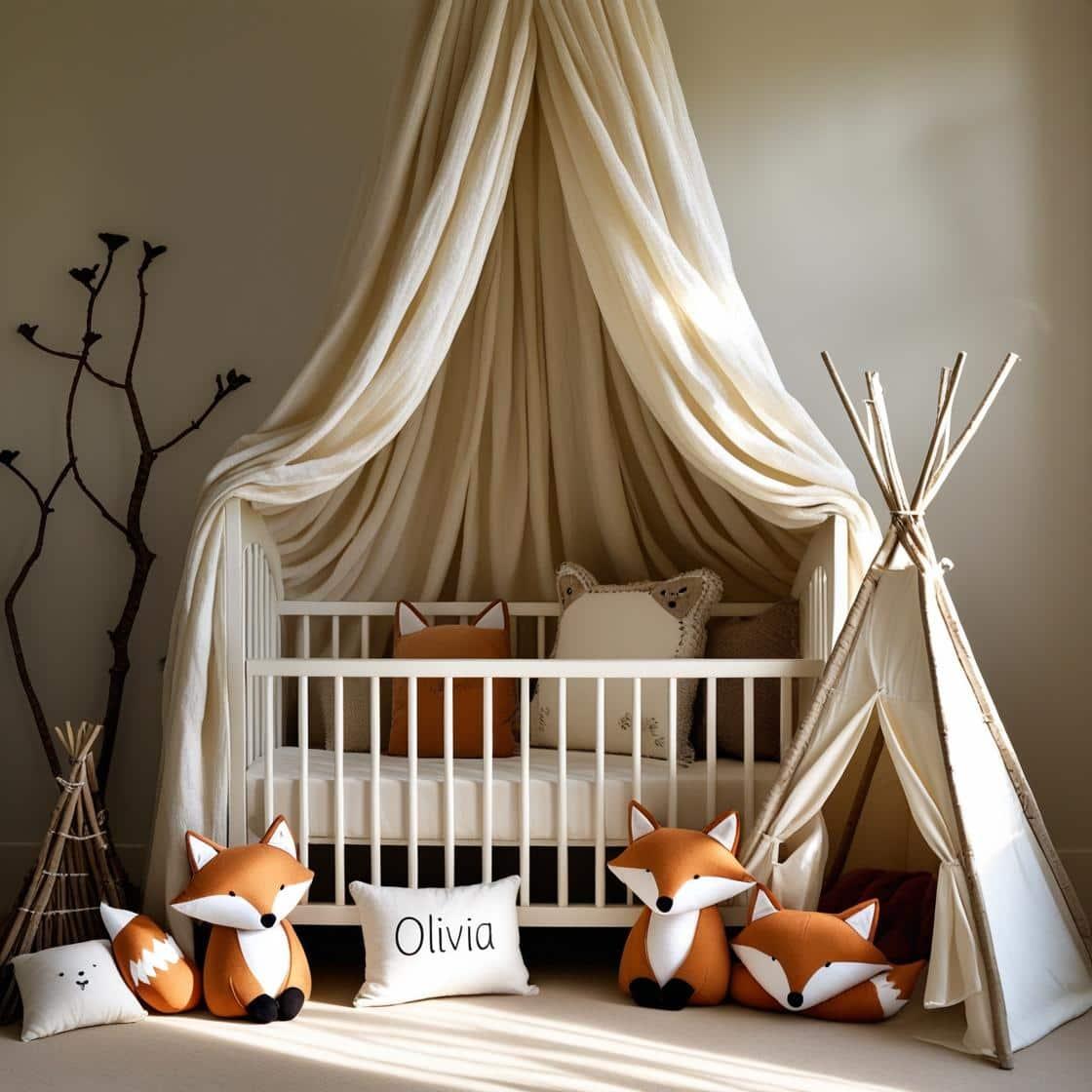 Une chambre de bebe doux et naturel berceau ciel de lit inspire par la foret avec des coussins en forme de petits animaux de la foret comme des renards et loups personnalise avec l