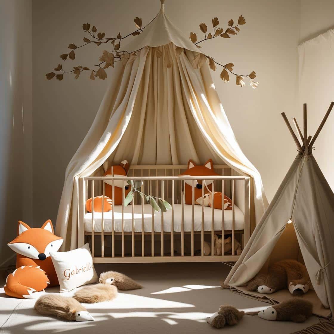 Une chambre de bebe doux et naturel berceau ciel de lit inspire par la foret avec des coussins en forme de petits animaux de la foret comme des renards et loups personnalise avec l