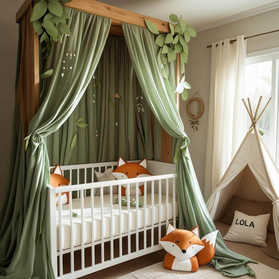 Une chambre de bebe doux et naturel berceau ciel de lit inspire par la foret avec des coussins en forme de petits animaux de la foret comme des renards et loups personnalise avec l