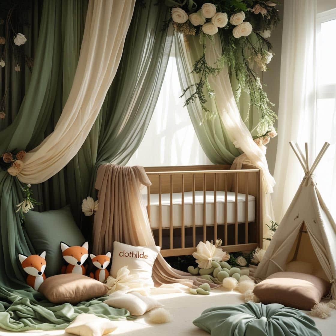 Une chambre de bebe doux et naturel berceau ciel de lit inspire par la foret et le printemps avec des coussins en forme de petits animaux de la foret comme des renards et loups et