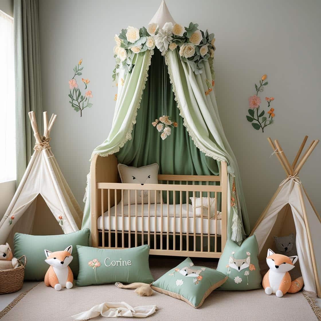 Une chambre de bebe doux et naturel berceau ciel de lit inspire par la foret et le printemps avec des coussins en forme de petits animaux de la foret comme des renards et loups et