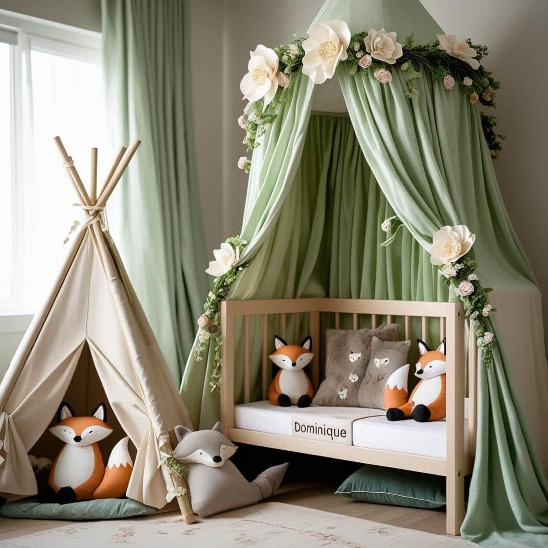 Une chambre de bebe doux et naturel berceau ciel de lit inspire par la foret et le printemps avec des coussins en forme de petits animaux de la foret comme des renards et loups et