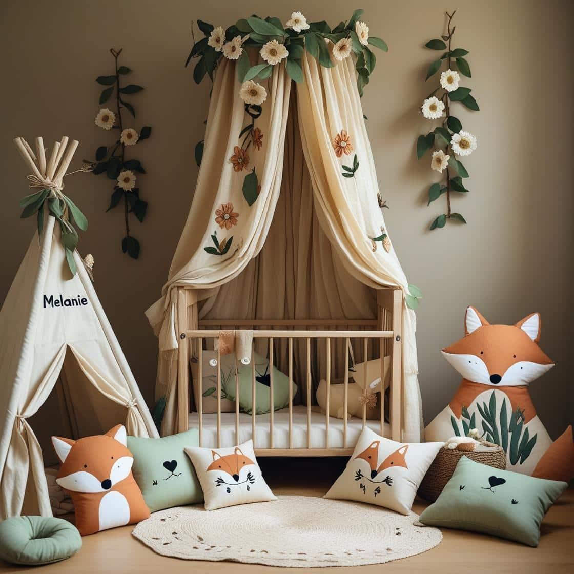 Une chambre de bebe doux et naturel berceau ciel de lit inspire par la foret et le printemps avec des coussins en forme de petits animaux de la foret comme des renards et loups et