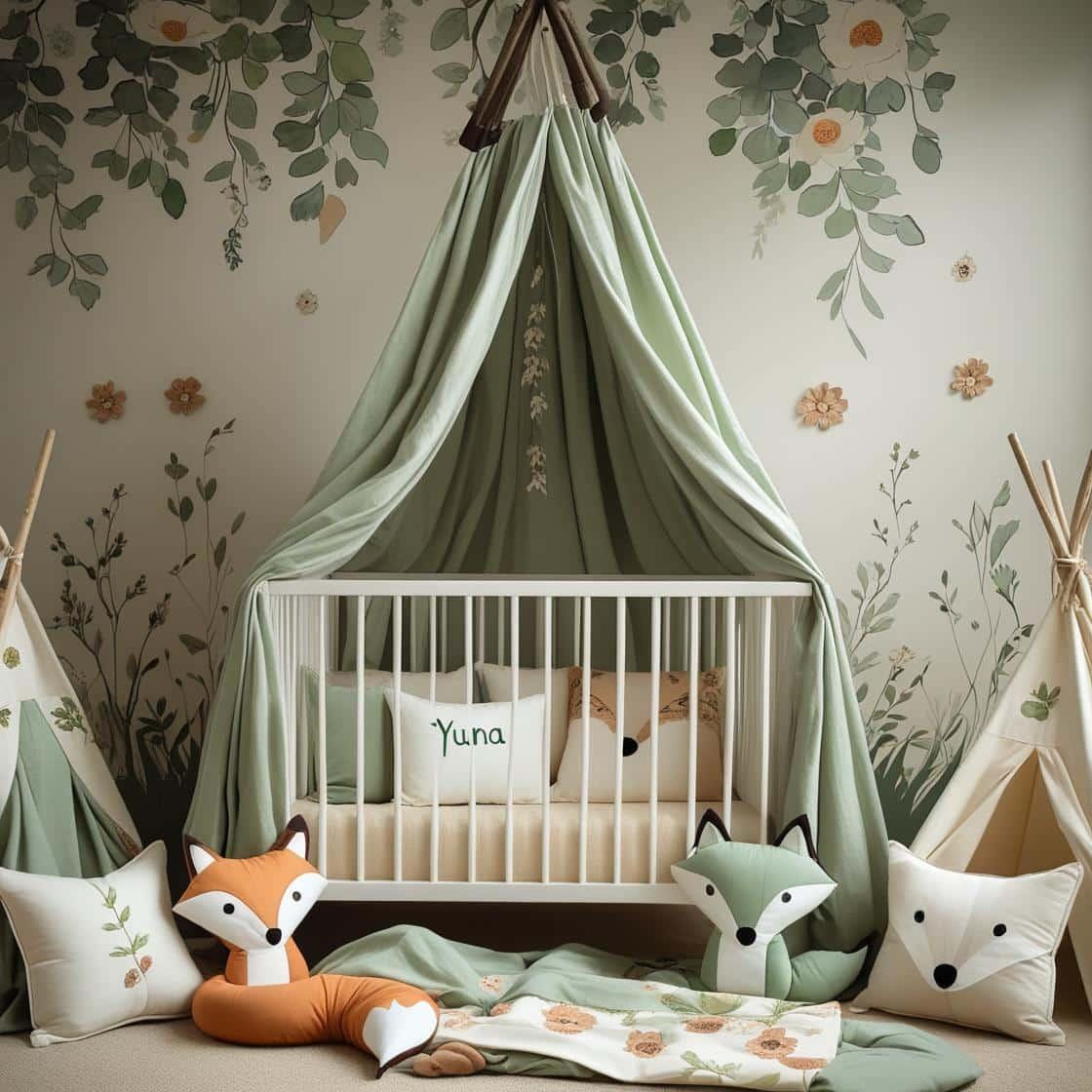 Une chambre de bebe doux et naturel berceau ciel de lit inspire par la foret et le printemps avec des coussins en forme de petits animaux de la foret comme des renards et loups et