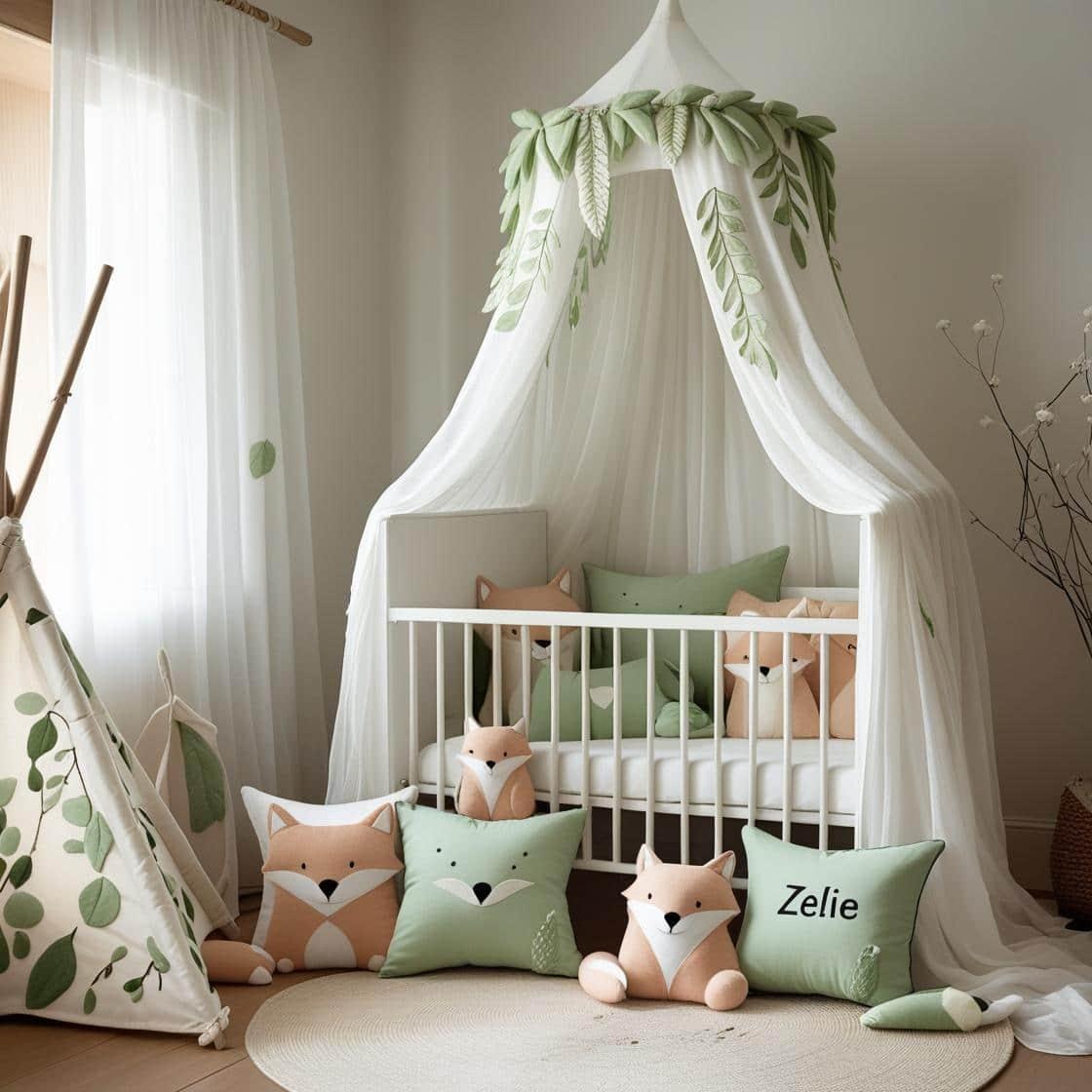 Une chambre de bebe doux et naturel berceau ciel de lit inspire par la foret et le printemps avec des coussins en forme de petits animaux de la foret comme des renards et loups per