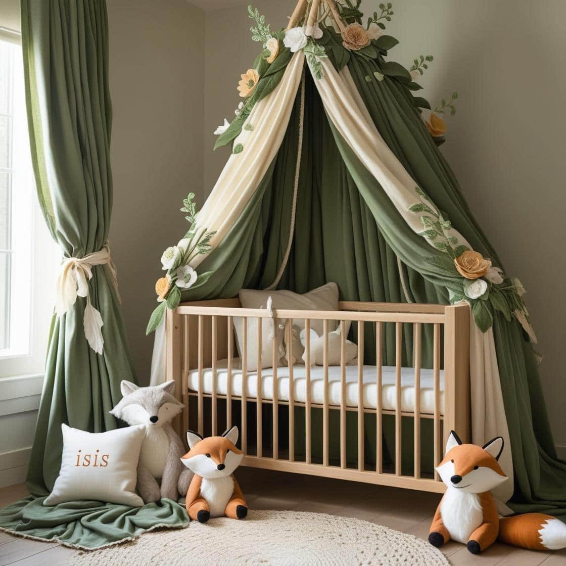 Une chambre de bebe doux et naturel berceau ciel de lit inspire par la foret et le printemps avec des coussins en forme de petits animaux de la foret comme des renards et loups per
