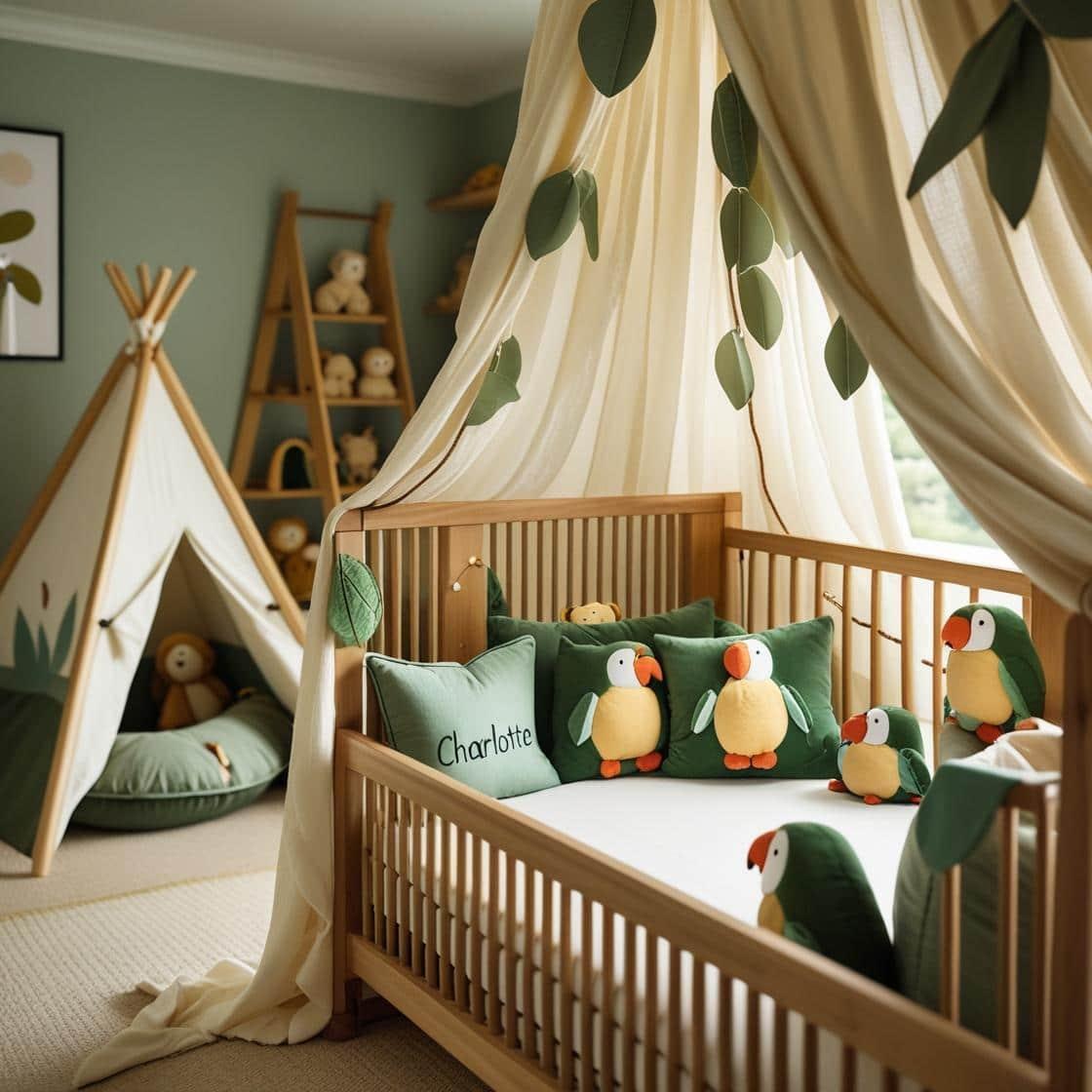 Une chambre de bebe doux et naturel berceau ciel de lit inspire par la jungle avec des coussins en forme de petits animaux de la jungle comme des perroquet personnalise avec le pre