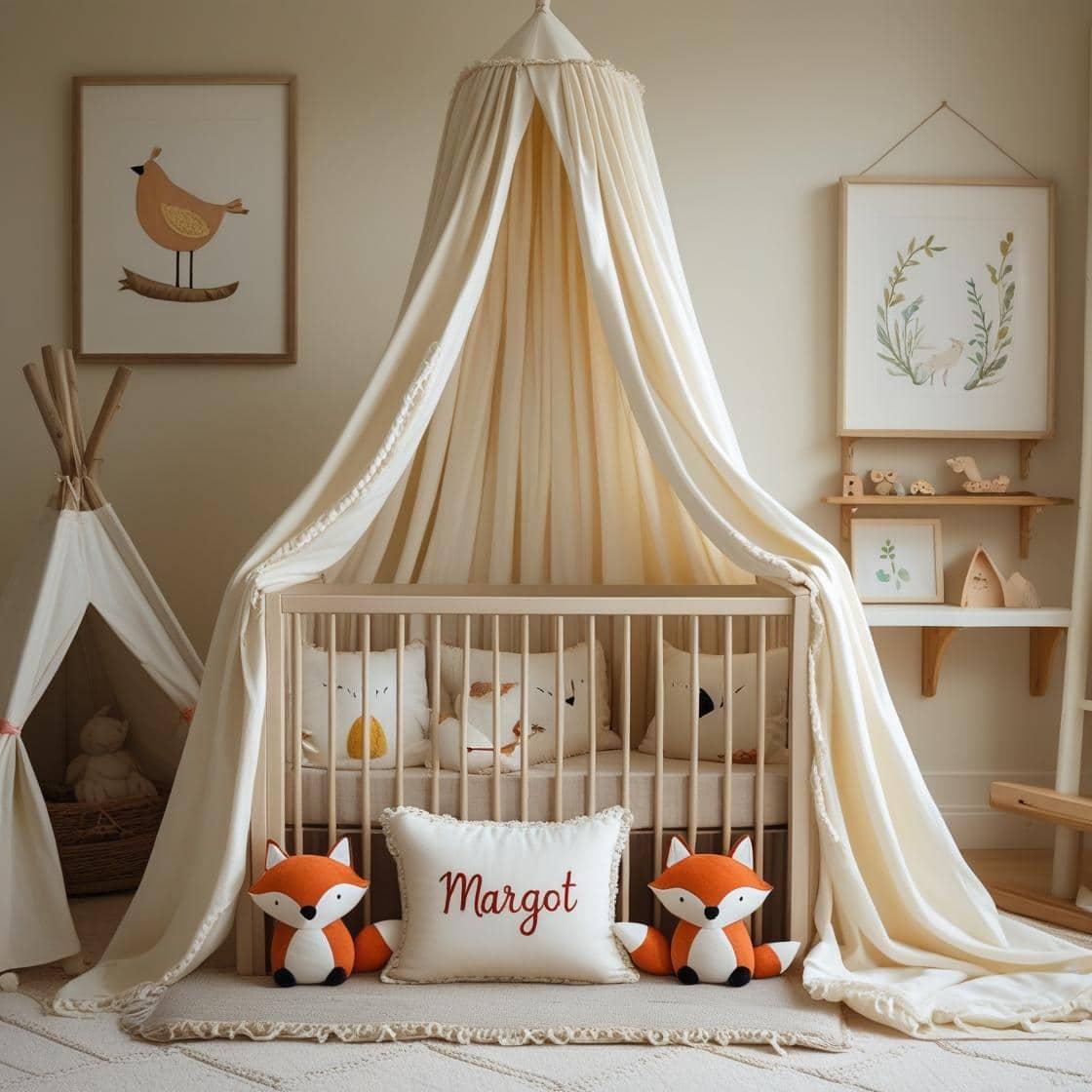 Une chambre de bebe doux et naturel berceau ciel de lit inspire par le printemps avec des coussins en forme de petits animaux comme des oiseaux et des renards personnalise avec le