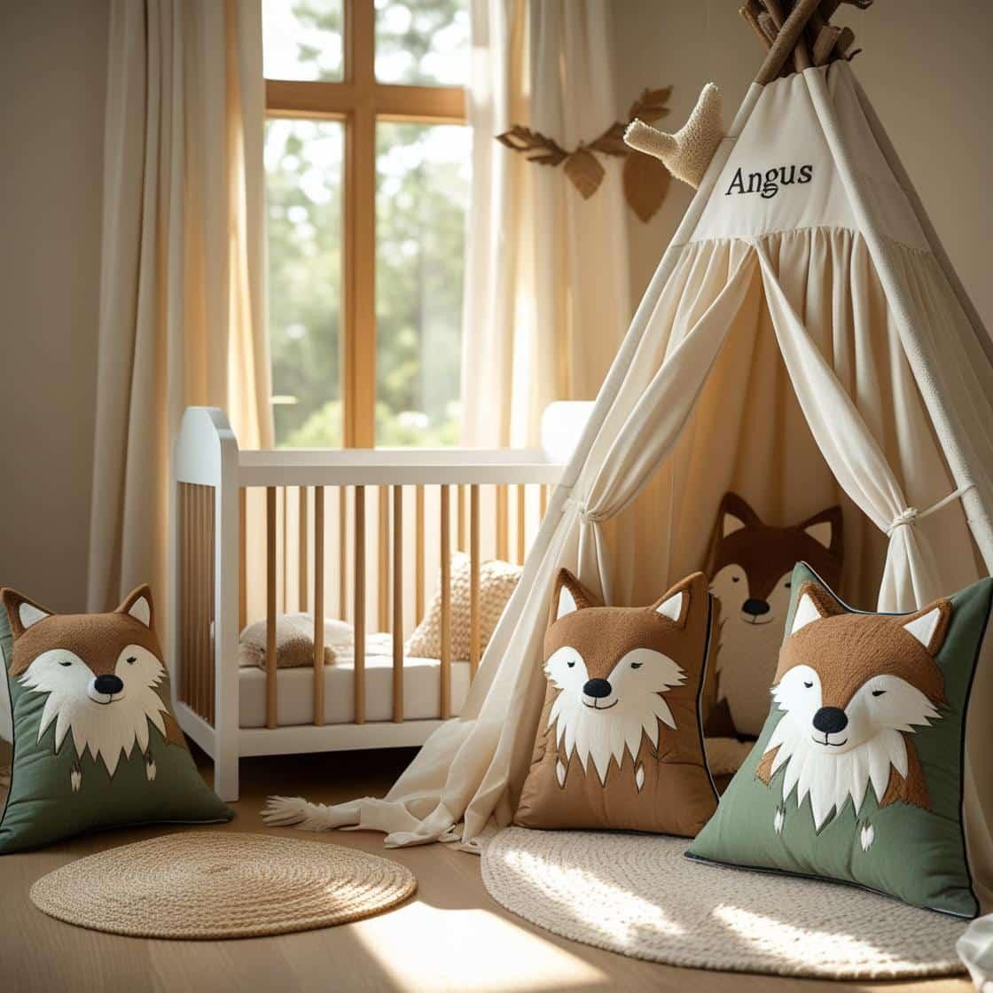 Une chambre de bebe doux et naturel inspire par la foret avec des coussins en forme de petits animaux de la foret comme des renards et loups personnalise avec le nom angus berceau