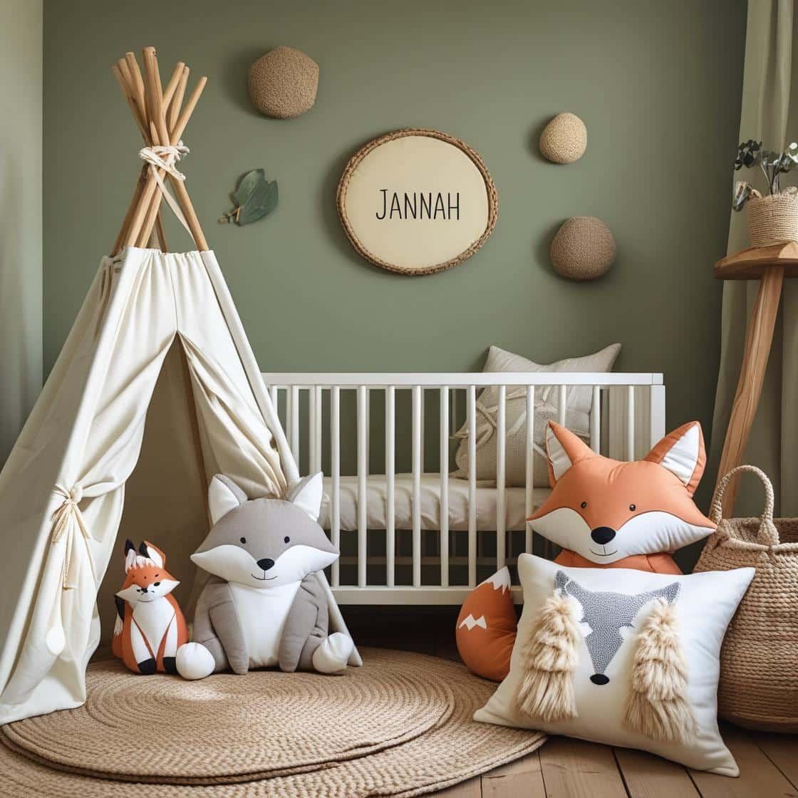 Une chambre de bebe doux et naturel inspire par la foret avec des coussins en forme de petits animaux de la foret comme des renards et loups personnalise avec le nom jannah berceau