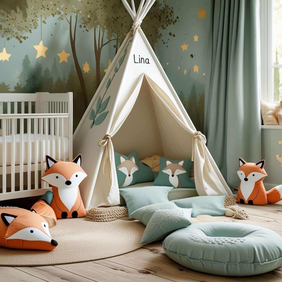 Une chambre de bebe doux et naturel inspire par la foret avec des coussins en forme de petits animaux de la foret comme des renards et loups personnalise avec le nom lina berceau t