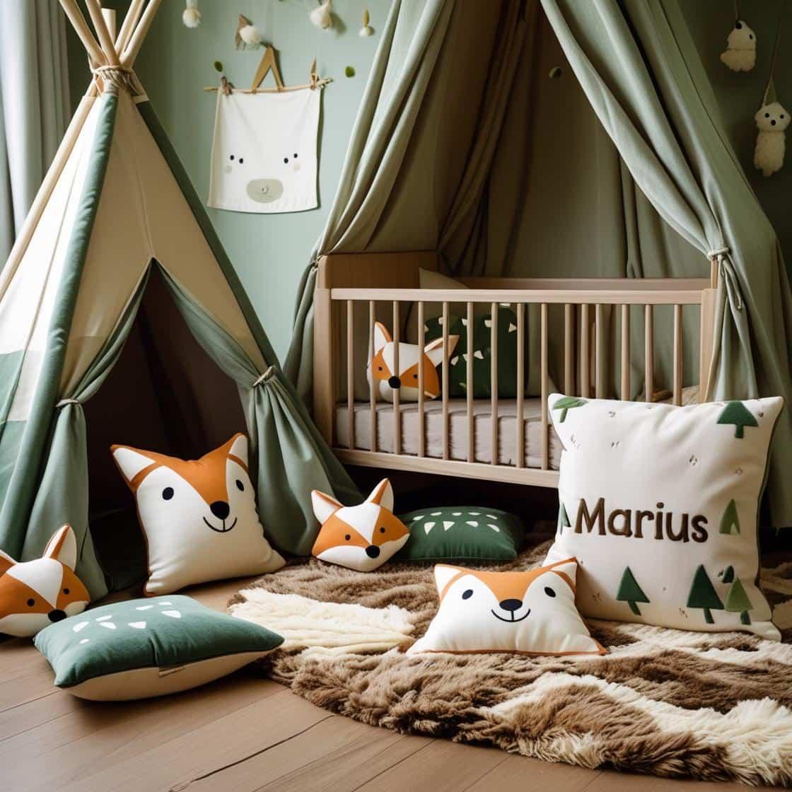Une chambre de bebe doux et naturel inspire par la foret avec des coussins en forme de petits animaux de la foret comme des renards et loups personnalise avec le nom marius berceau